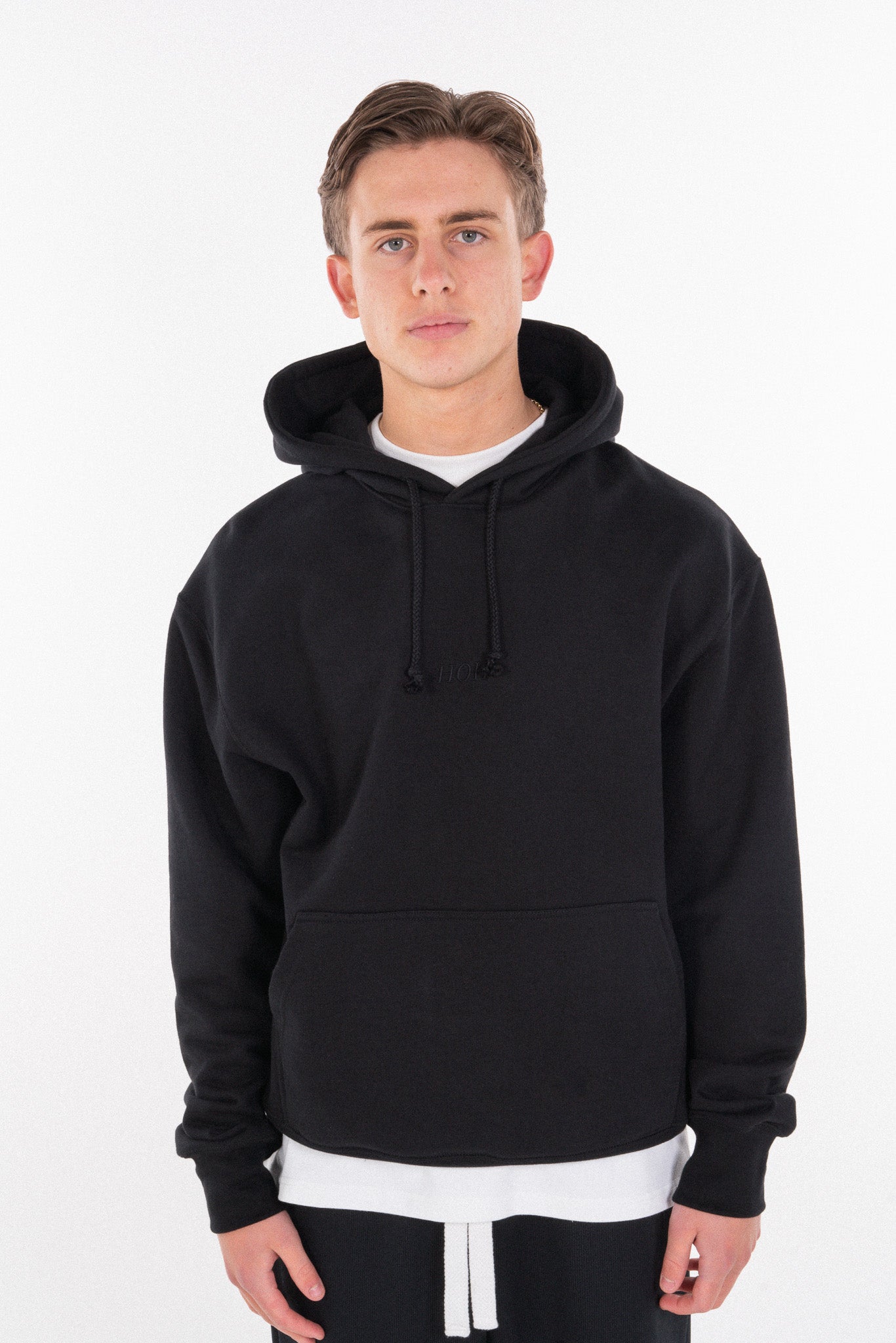 HEAVYWEIGHT BLACK HOODIE BLACK EMBROIDERY- STAPLE COLLECTION